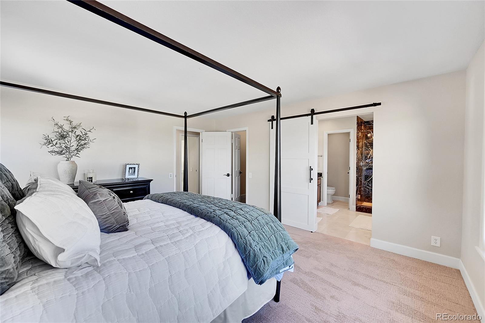 8717 Thunderbird Circle Parker, CO 80134 - Photo 26 of 50 a bedroom with a bed and a chandelier