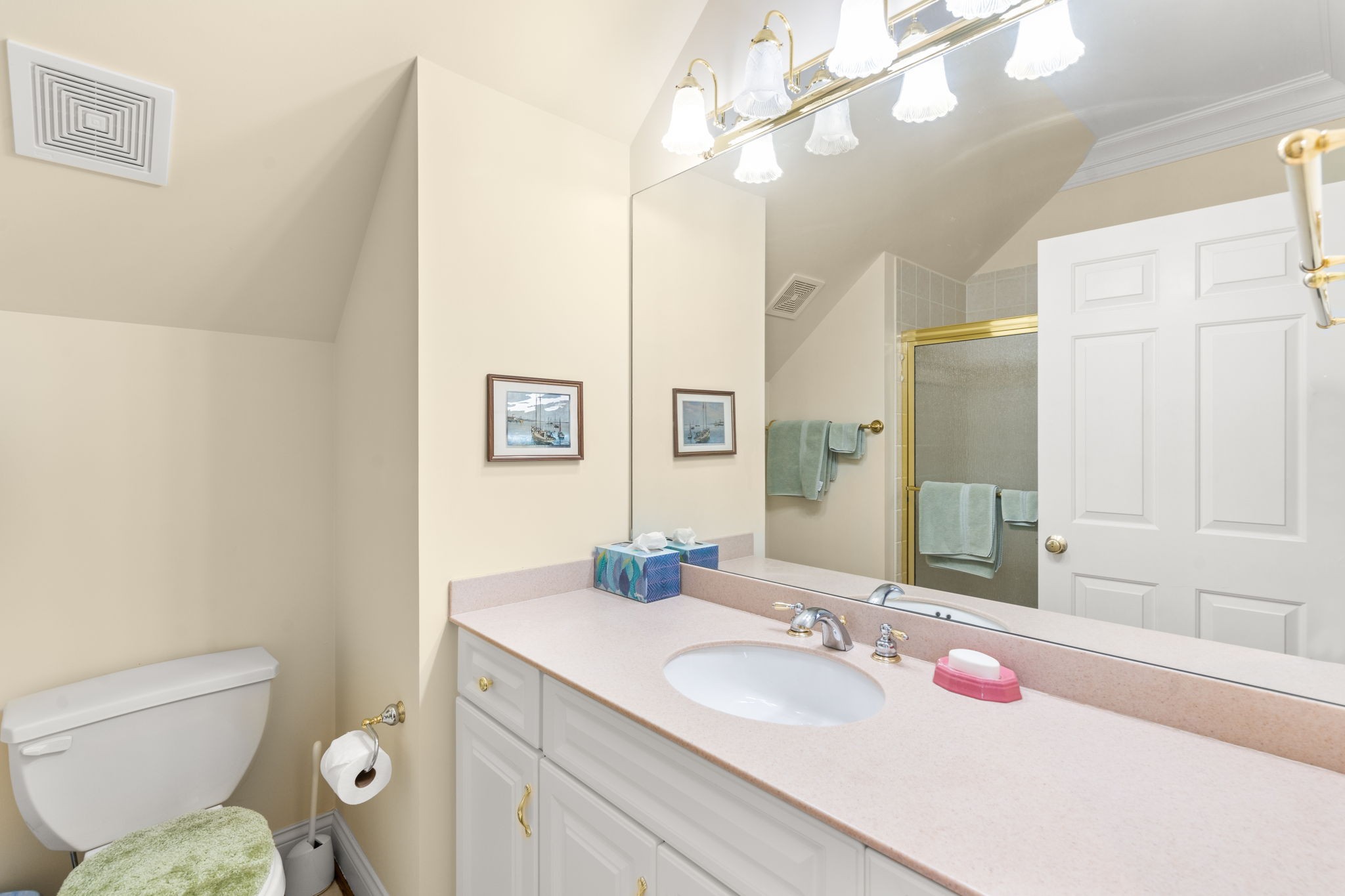 3210 Kinnard Springs Road Franklin, TN 37064 - Photo 35 of 64 a bathroom with a granite countertop sink a mirror and a toilet