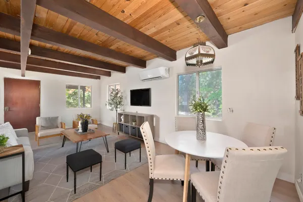 a view of a livingroom with furniture and a potted plant
