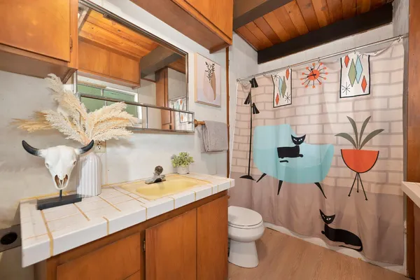 a bathroom with a sink a toilet and shower