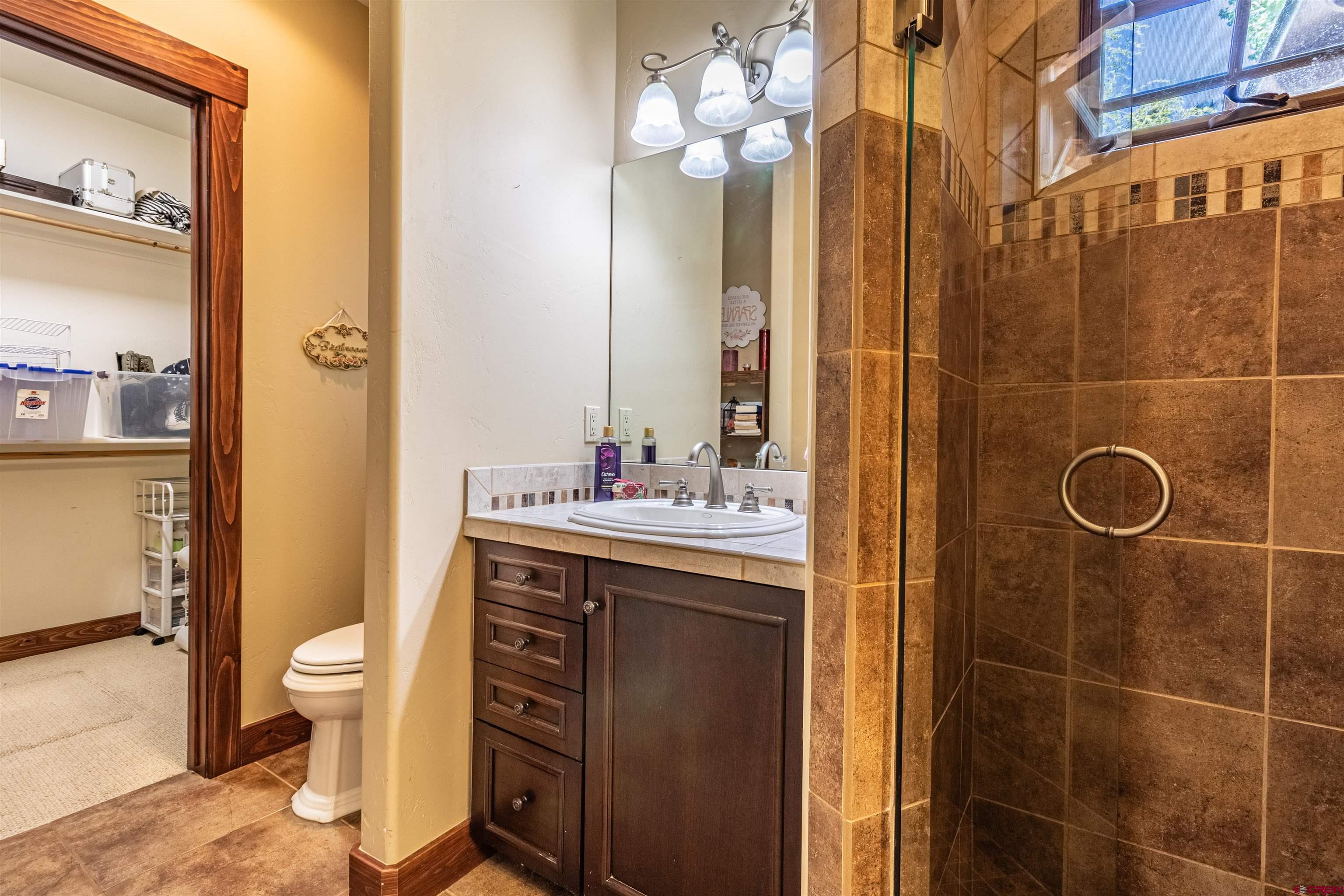1167 North Dalton Ranch Road Durango, CO 81301 - Photo 25 of 45 a bathroom with a granite countertop sink a toilet and a mirror