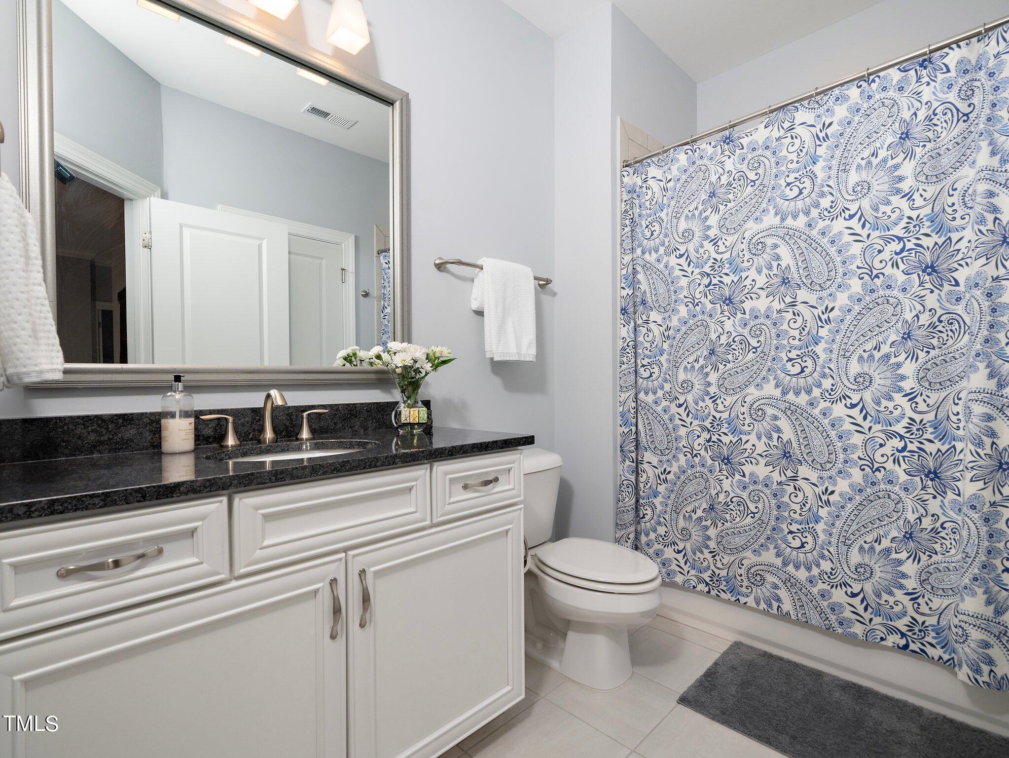 7733 Wilderness Road Raleigh, NC 27613 - Photo 26 of 37 a bathroom with a granite countertop sink a toilet and a mirror