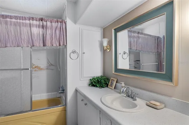 a bathroom with a sink and a mirror