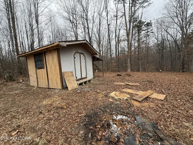 a view of a backyard with large trees
