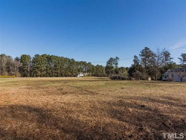 a view of a field with trees in background