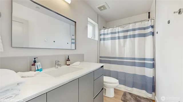 a bathroom with a sink a toilet and shower curtain