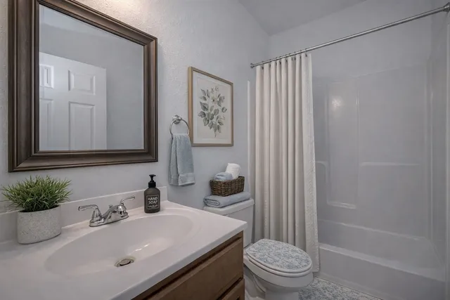 a bathroom with a sink a toilet and shower curtain