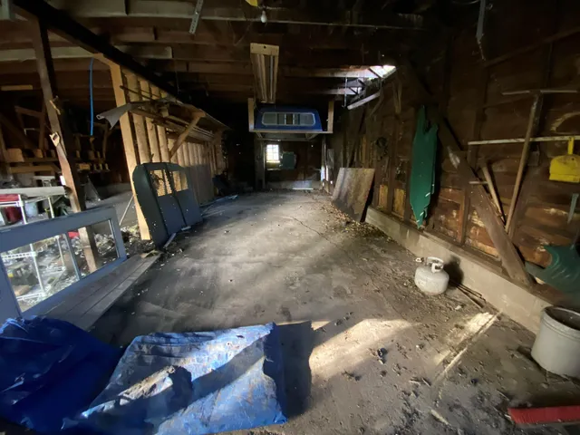 a view of a garage with storage