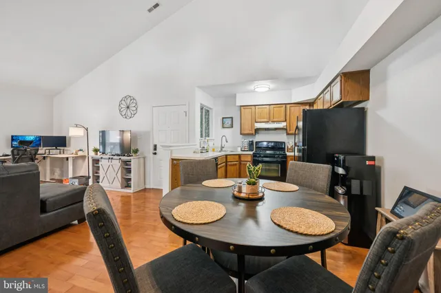 a view of a dining room with furniture