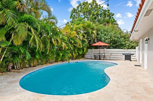a view of a backyard with plants and pool