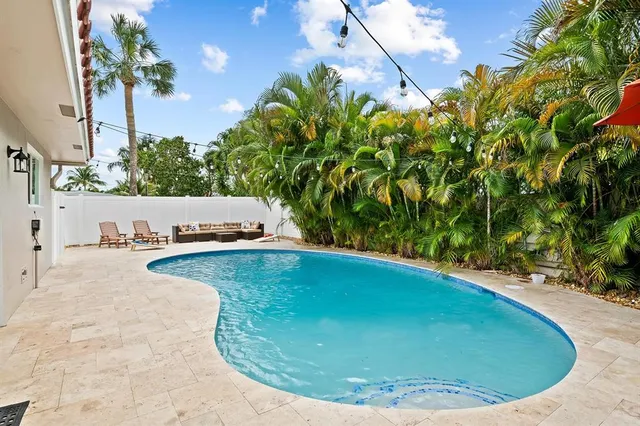 a view of a swimming pool with a yard
