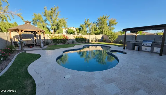 an outdoor view with a swimming pool