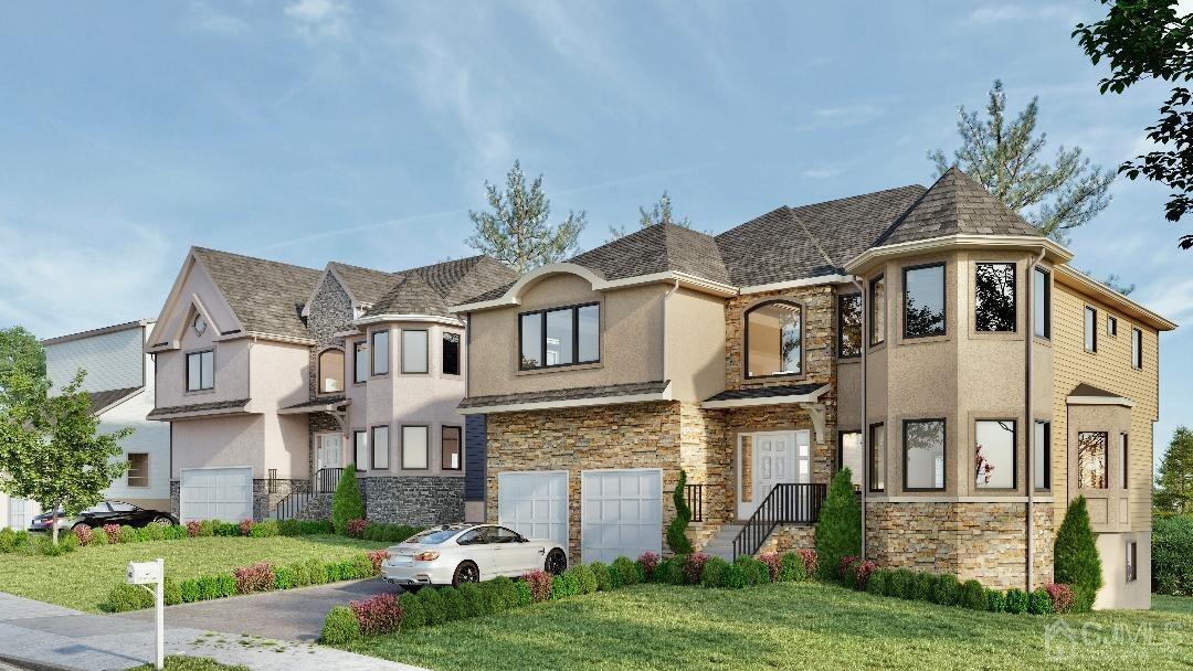 a view of a white building among the yard