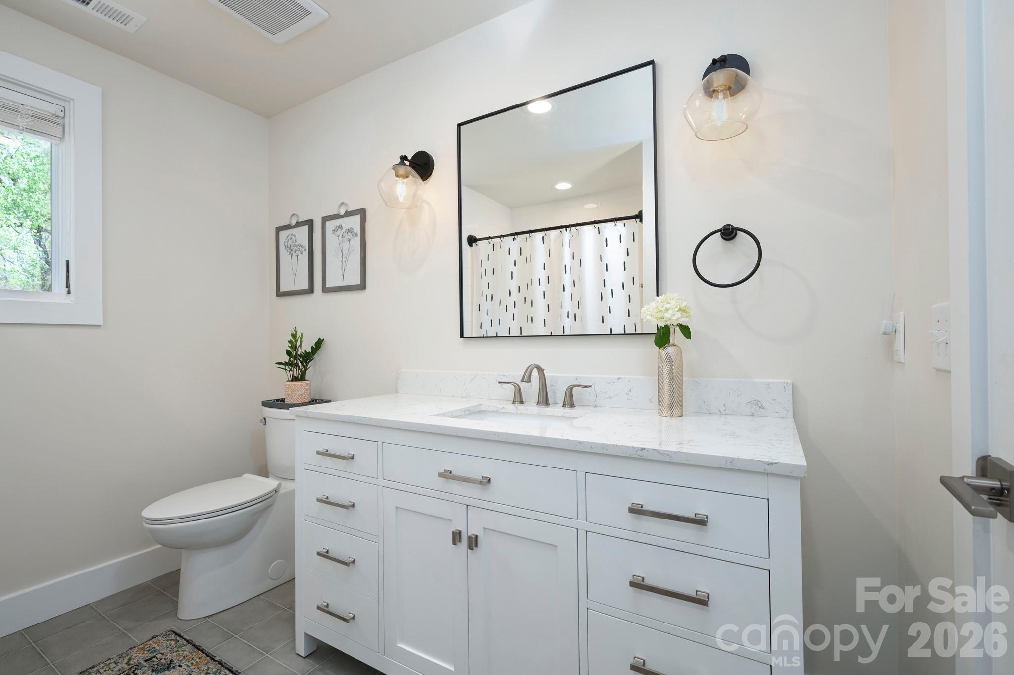 1048 Jenkins Valley Road Alexander, NC 28701 - Photo 17 of 25 a bathroom with a granite countertop toilet sink and mirror