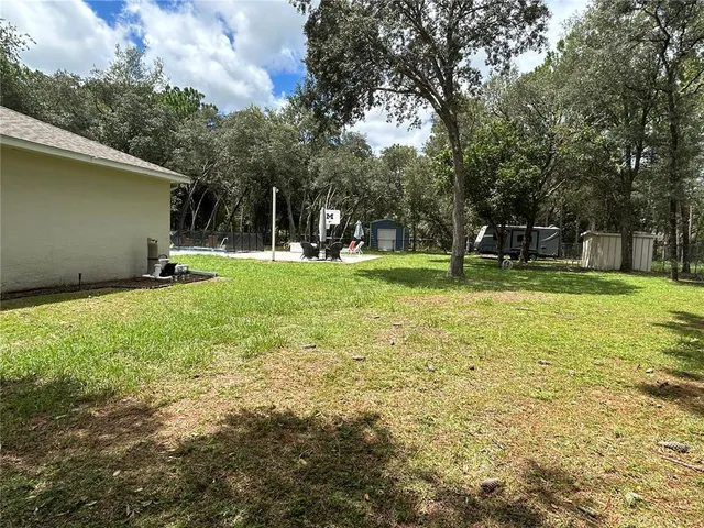 a view of a backyard with large trees