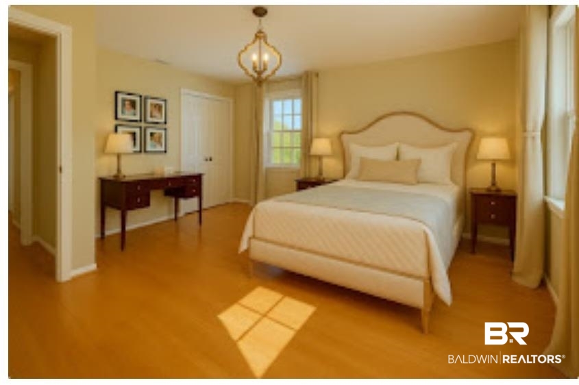 159 Conway Drive West Mobile, AL 36608 - Photo 16 of 24 Bedroom featuring wood finished floors and a chandelier