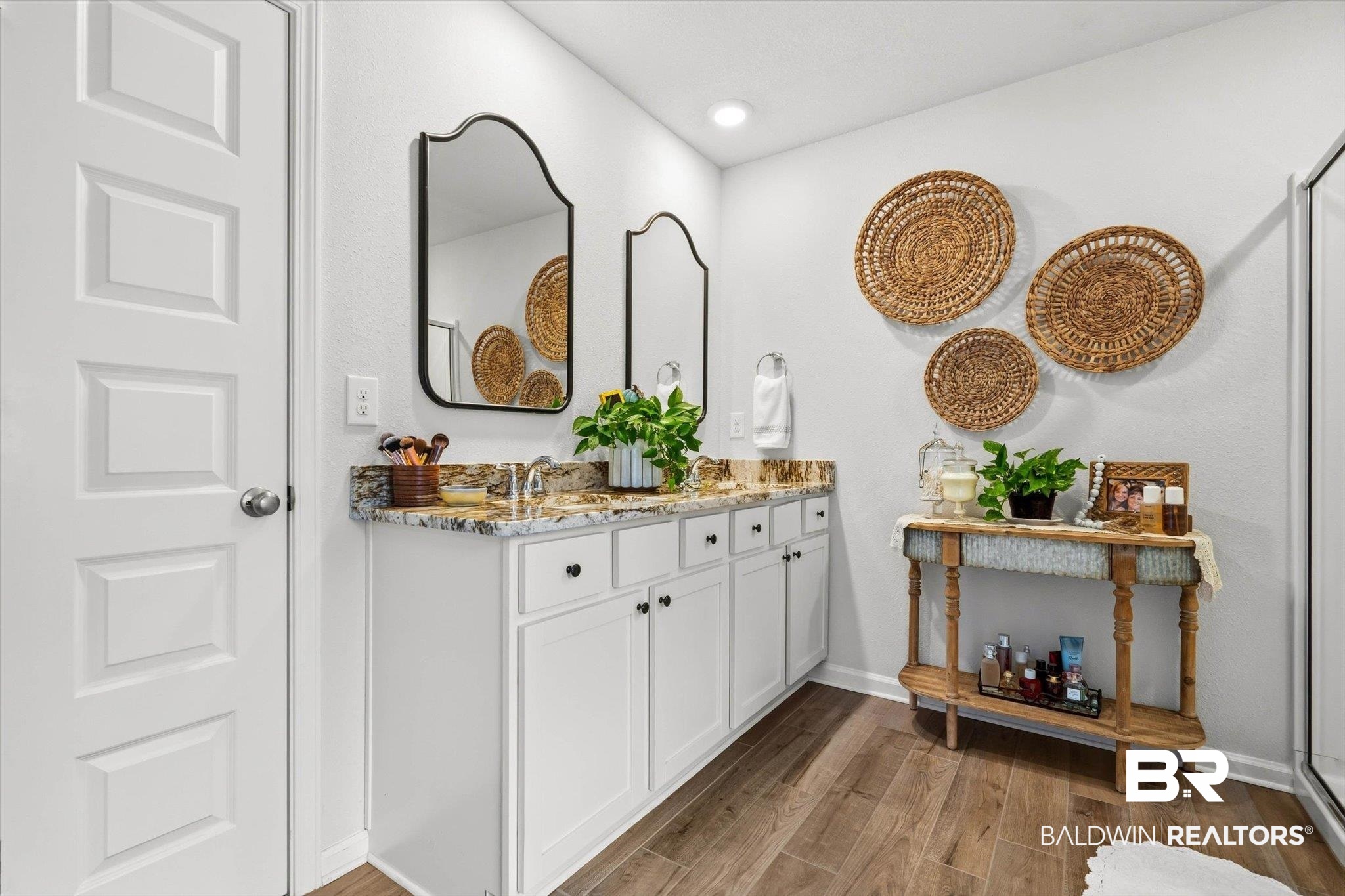 17041 Muse Street Loxley, AL 36551 - Photo 15 of 44 Full bathroom featuring double vanity, dark wood-style flooring, a shower stall, and recessed lighting
