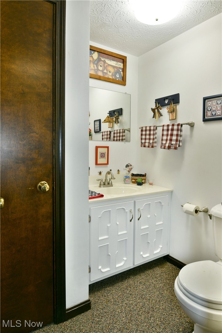 379 Housel Craft Road Bristolville, OH 44402 - Photo 41 of 50 Bathroom with vanity, toilet, baseboards, and a textured ceiling