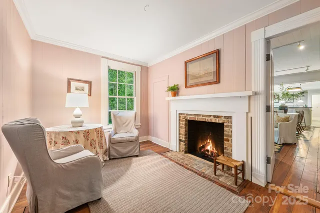 a view of a dining room with furniture a fireplace and wooden floor