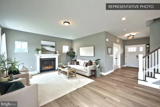a living room with furniture a fireplace and a potted plant