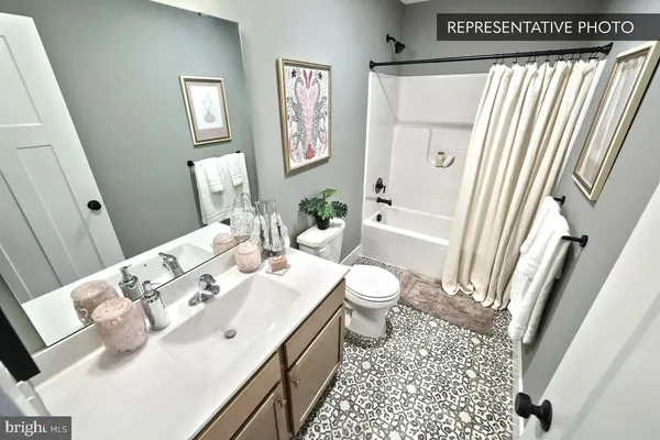 a bathroom with a sink a toilet and shower curtain