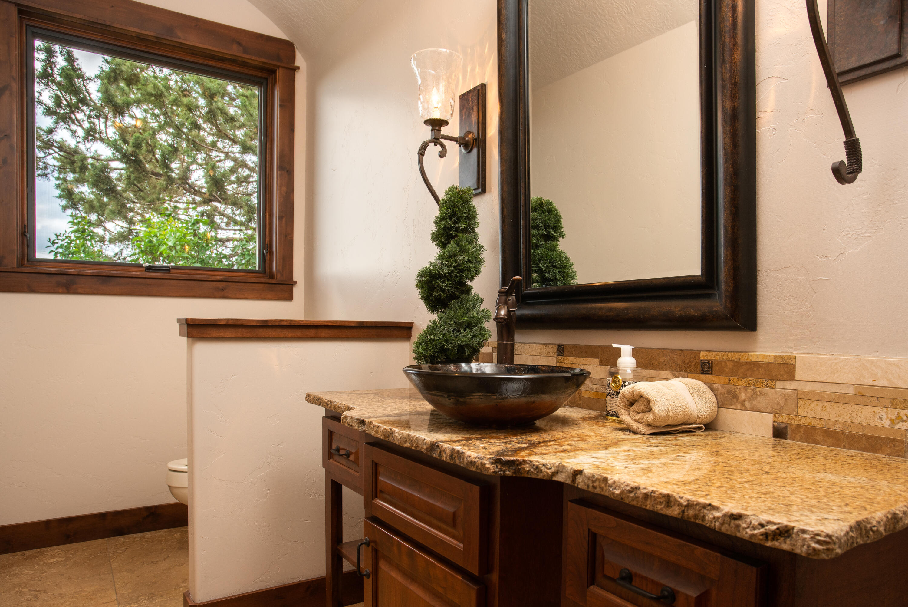 61405 Ward Road Bend, OR 97702 - Photo 15 of 37 a bathroom with a granite countertop sink and a potted plant