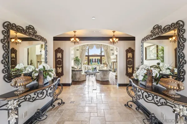 a view of a dining room and chandelier