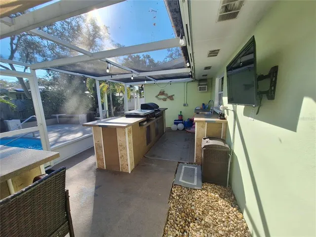 a room with wooden furniture and a table