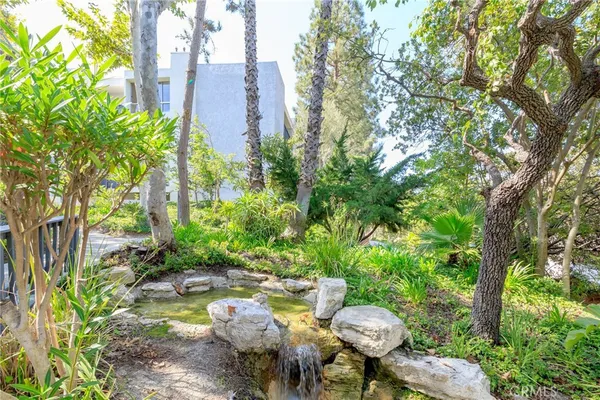 a backyard of a house with table and chairs fire pit and large trees