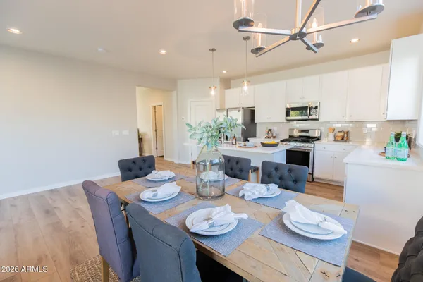 a view of a dining room and furniture
