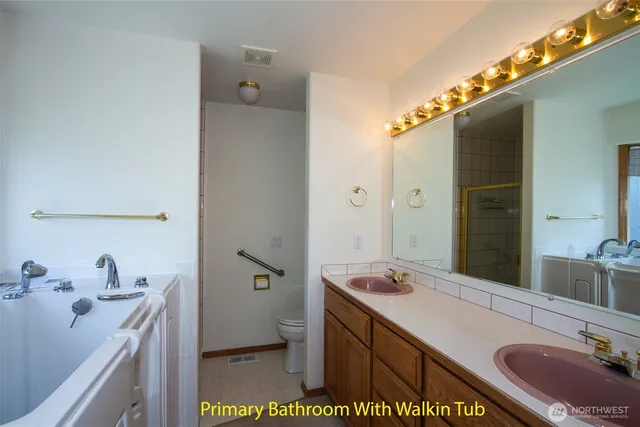 a bathroom with a sink double vanity and a mirror