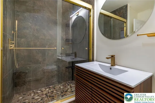 a bathroom with a sink a mirror and a shower