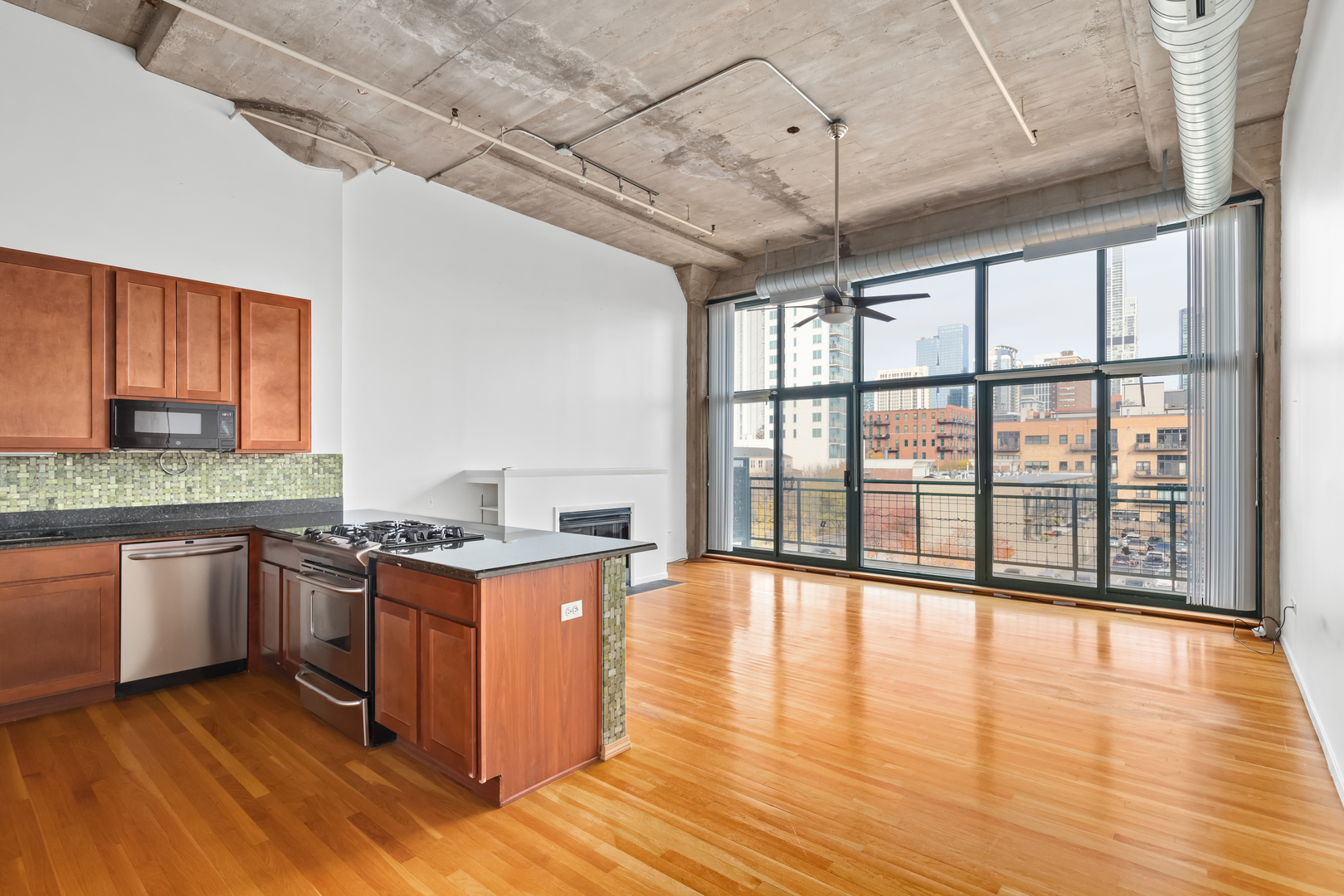 1727 South Indiana Avenue, Unit 319 Chicago, IL 60616 - Photo 9 of 21 a open kitchen with stainless steel appliances granite countertop a stove and a wooden floors