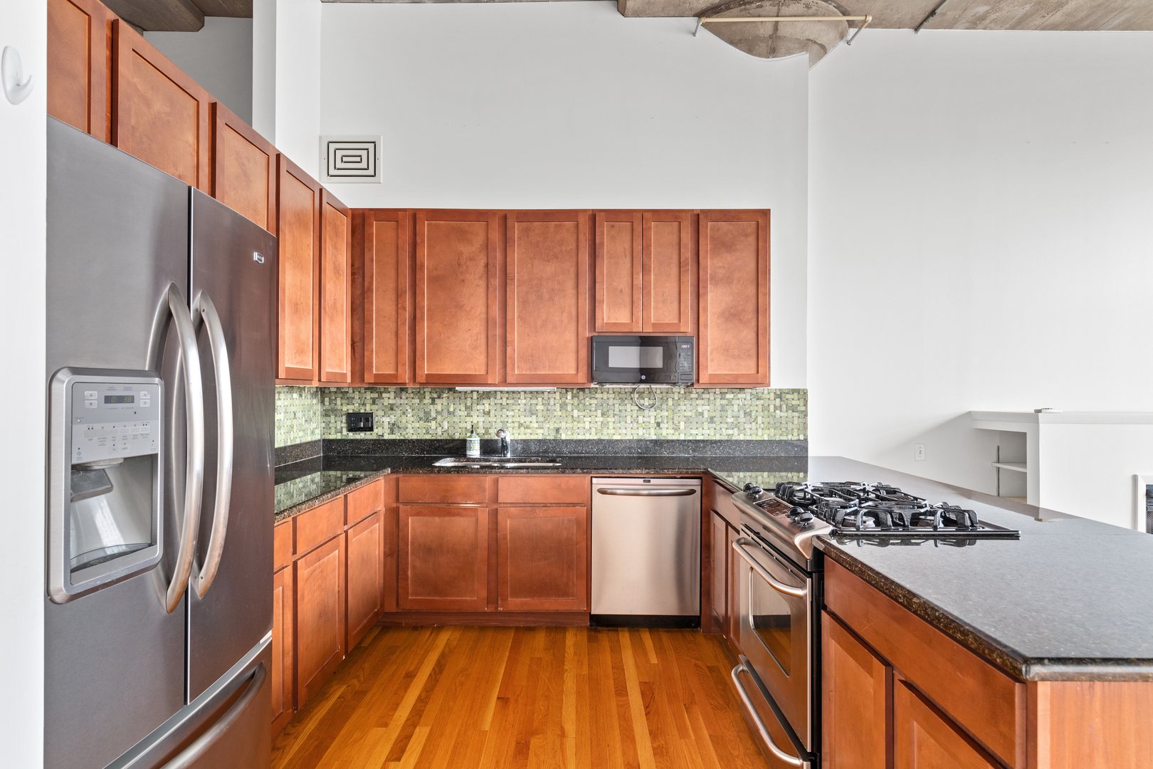 1727 South Indiana Avenue, Unit 319 Chicago, IL 60616 - Photo 10 of 21 a kitchen with stainless steel appliances granite countertop a refrigerator a sink dishwasher a stove and white countertops with wooden floor