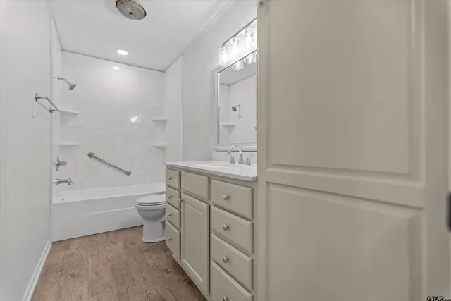a bathroom with a bathtub shower sink vanity and toilet