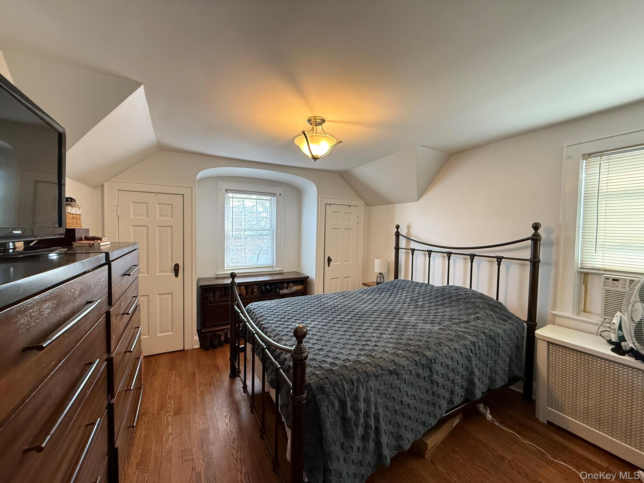 204 North Grove Street Valley Stream, NY 11580 - Photo 14 of 16 Bedroom with radiator, lofted ceiling, dark wood-style floors, and cooling unit