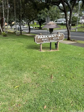 a view of park benches and trees