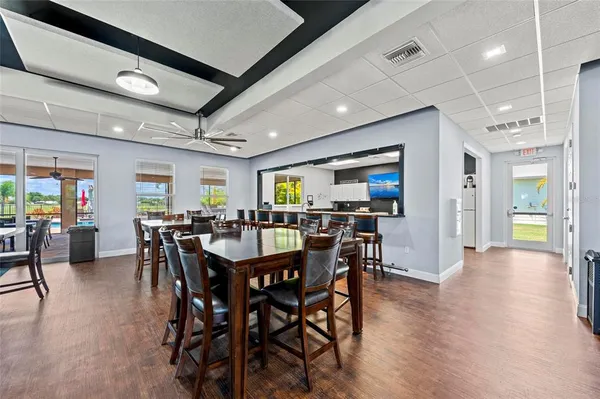 a view of a dining room with furniture