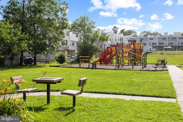 a view of a park with large trees
