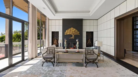 a living room with furniture a fireplace and a floor to ceiling window