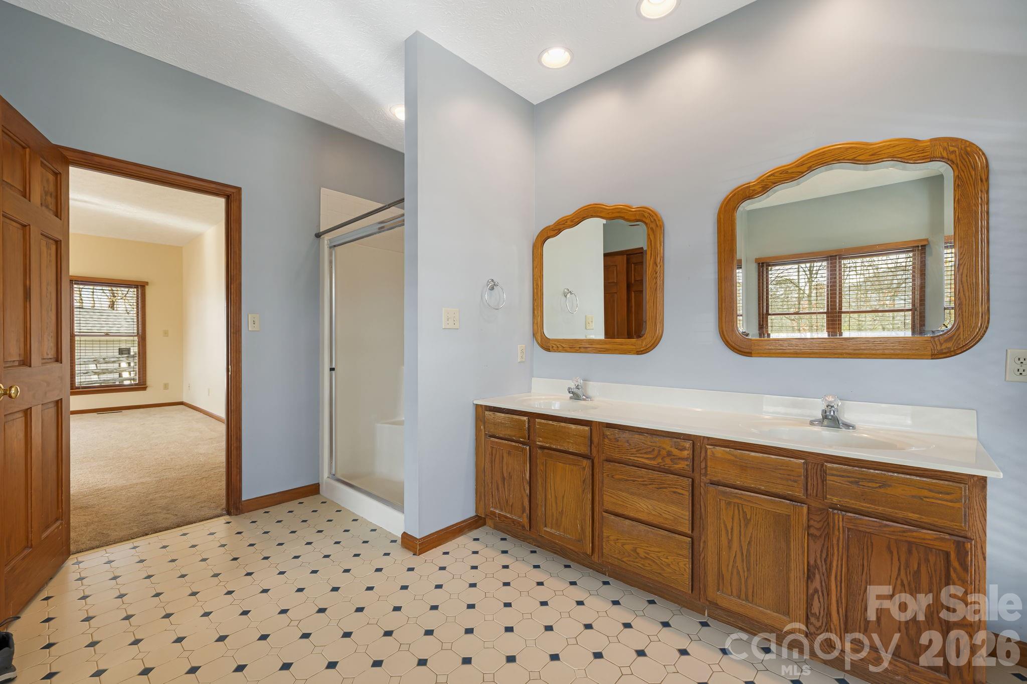 427 McCoy Cove Road Black Mountain, NC 28711 - Photo 23 of 47 a bathroom with a sink a mirror and a shower