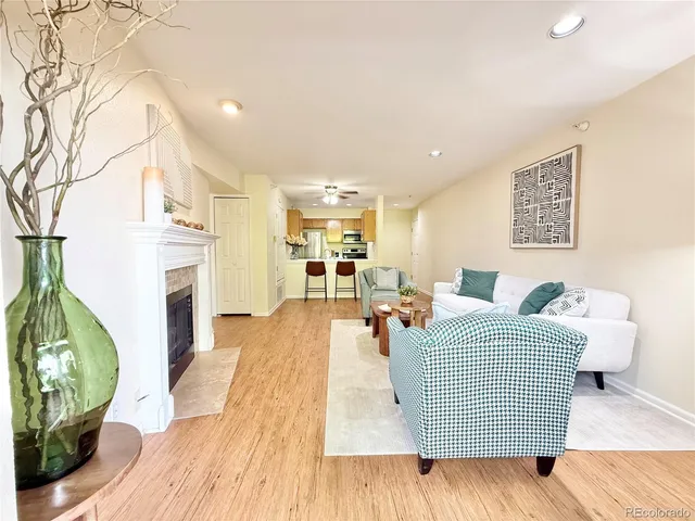 a living room with furniture and a fireplace
