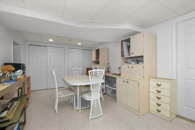 a view of a dining room with furniture