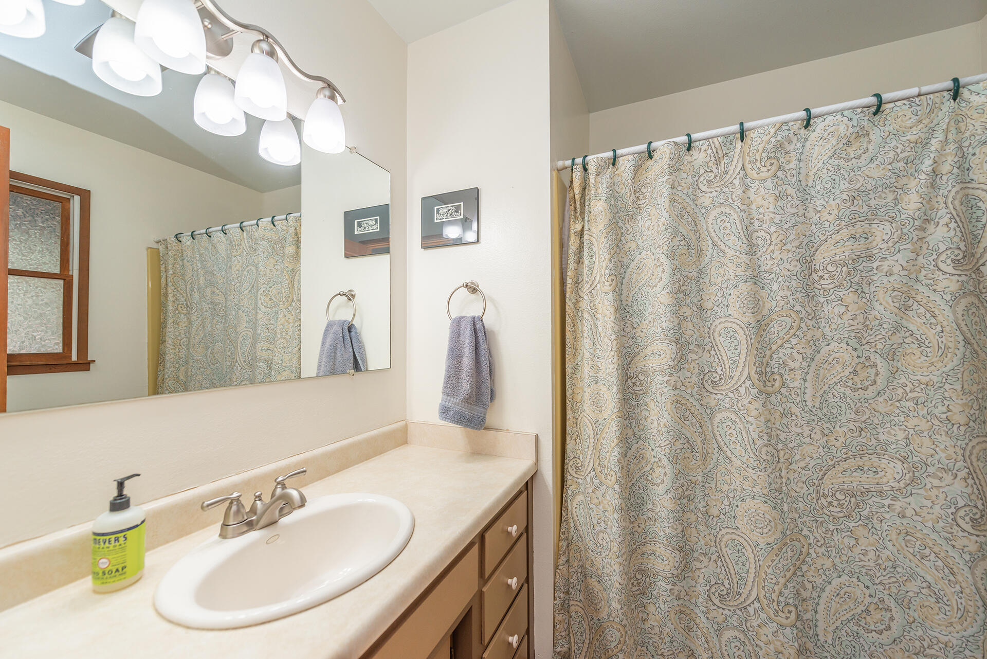 491 East Branch Road Weaverville, CA 96093 - Photo 48 of 59 a bathroom with a sink vanity mirror and a shower curtain