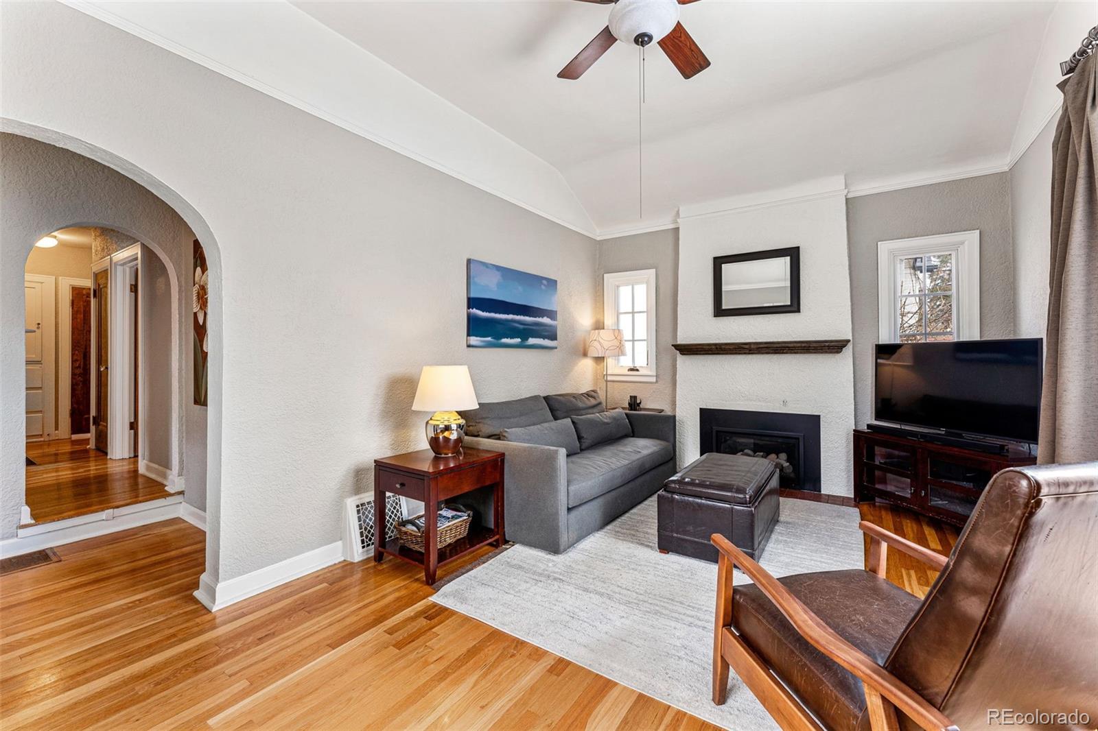 1639 Grape Street Denver, CO 80220 - Photo 4 of 39 a living room with furniture a flat screen tv and a fireplace