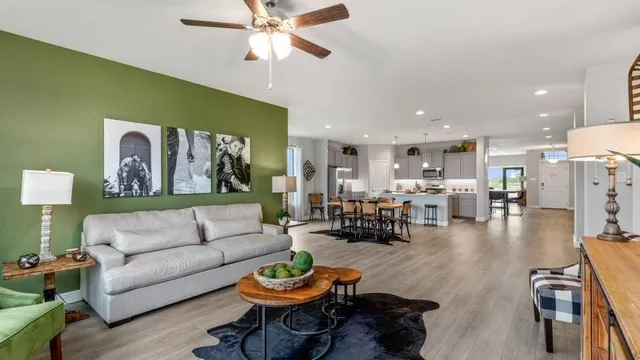 a living room with furniture ceiling fan and a rug