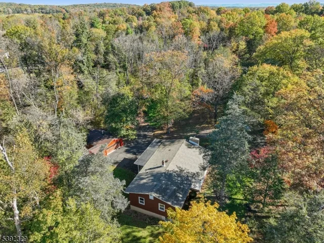 an aerial view of a house with a yard and large trees