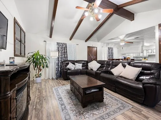 a living room with furniture and a fireplace