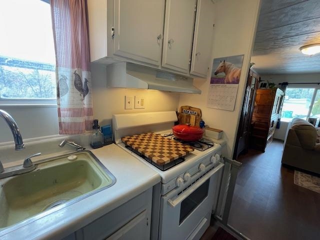 16629 Allison Way, Unit 22 Sonora, CA 95370 - Photo 10 of 31 Kitchen featuring white gas range, light countertops, under cabinet range hood, and gray cabinetry