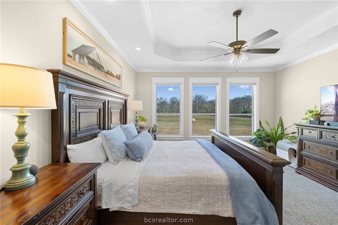 3222 Hunters Crossing Bryan, TX 77808 - Photo 20 of 44 Master bedroom featuring a ceiling fan, ornamental molding, and a tray ceiling